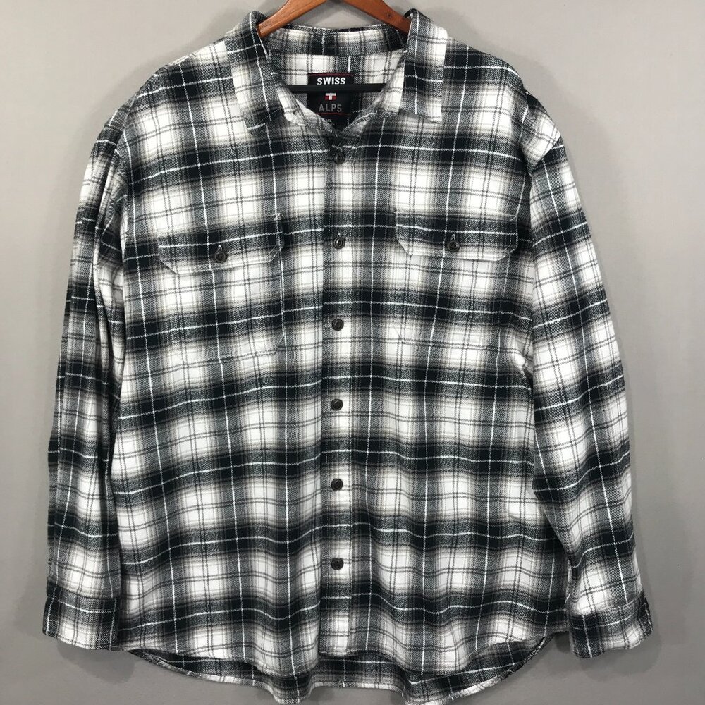 Swiss Alps Shirt Men's 3XL Black White Plaid Button Down Long Sleeve Pockets